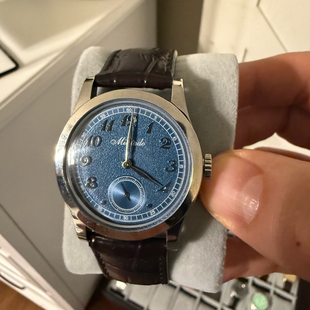 Militado ML01 Silver Case with Blue Texture Dial and Dark Brown Strap